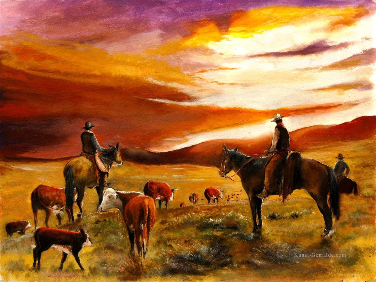 Almabtrieb Open Range Sonnenuntergang des Cowboy Ölgemälde